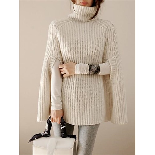 

Mujer Suéter de punto Puente Estriado Tejer Corto De Gran Tamaño Color sólido Cuello Alto Elegante Casual Diario Noche Otoño Invierno Negro Blanco S M L