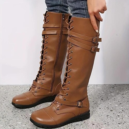 

Damen Stiefel Motorradstiefel Übergrössen Schnürstiefel Outdoor Täglich Kniehohe Stiefel Schnalle Flacher Absatz Runde Zehe Vintage Klassisch Brautkleider schlicht PU Reißverschluss Feste Farbe