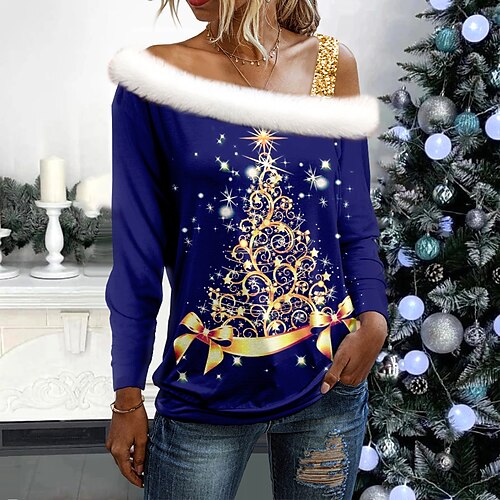 

Mulheres Camisa Social Blusa Camisa de Natal Vermelho Azul Verde Árvore de Natal Imprimir Manga Longa Festa Natal Casual Festival / feriado Estampado Assimétrico gola de pele Normal Primavera Outono