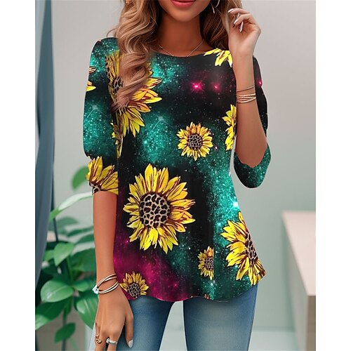 

Damen T Shirt Rote Blau Grün Bühnenlicht vielfarbig Bedruckt Langarm Festtage Wochenende Modisch Rundhalsausschnitt Regular Fit Blume Farbe Frühling Herbst