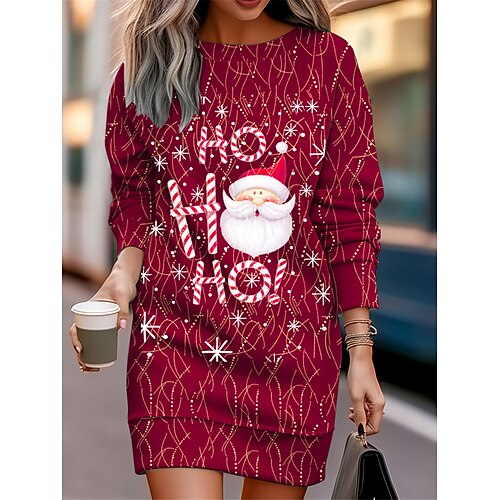 

femme Noël tenue décontractée robe sweat mini robe chaud mode extérieur vacances col rond imprimé père Noël imprimé arbre de Noël coupe ample vin rouge bordeaux s m l xl xxl