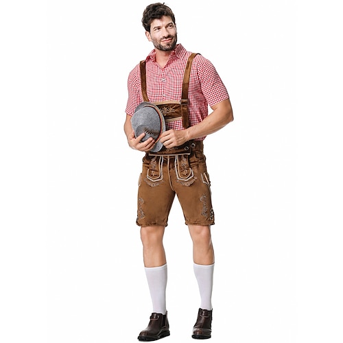  Μπύρα Oktoberfest Στολές Lederhosen Πουκάμισο βαυάρος βαυάρος Γερμανικά Λιβάδια Ανδρικά Πανί παραδοσιακού στυλ Μπλούζα Κοντά Παντελονάκια Καπέλο