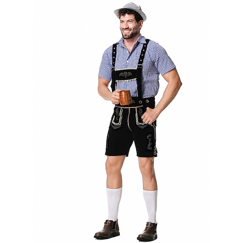  Μπύρα Oktoberfest Στολές Lederhosen Πουκάμισο βαυάρος βαυάρος Γερμανικά Λιβάδια Ανδρικά Πανί παραδοσιακού στυλ Μπλούζα Κοντά Παντελονάκια Καπέλο
