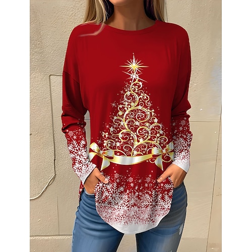 

Damen T Shirt Weihnachts-Shirt Schwarz Rote Blau Weihnachtsbaum Bedruckt Langarm Weihnachten Wochenende Fest / Feiertage Druck Weihnachten Rundhalsausschnitt Regular Fit Farbe Frühling Herbst