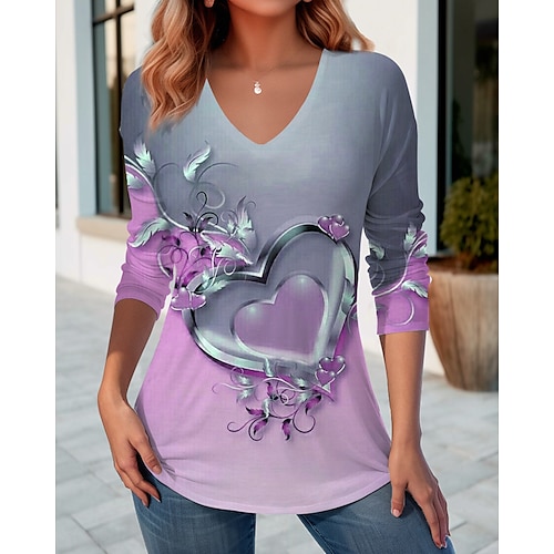 

Femme T shirt Tee Bleu Violet Vert Floral Cœur Imprimer manche longue Valentin Fin de semaine Mode Col V Standard Peinture Printemps Automne