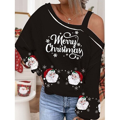 

Damen T Shirt Weihnachts-Shirt Schwarz Weiß Rote Weihnachtsmann Bedruckt Langarm Weihnachten Wochenende Fest / Feiertage Diagonaler Hals Regular Fit Farbe Frühling Herbst