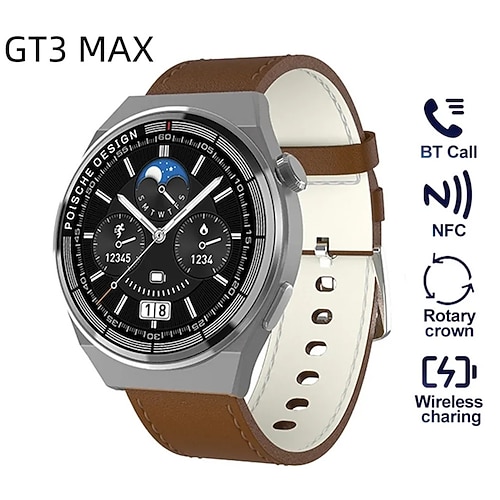 

Gt3 max relógio inteligente masculino feminino bluetooth chamada tela cheia hd nfc pressão arterial rastreador de fitness smartwatch