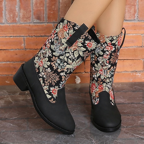 

Women's Boots Cowboy Boots Plus Size Riding Boots Outdoor Work Daily Mid Calf Boots Block Heel Chunky Heel Pointed Toe Vintage Fashion Elegant PU Loafer Floral Leopard Black Silver