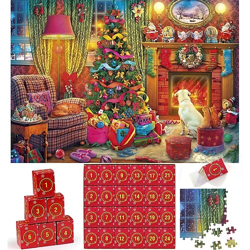 

Adventskalender 2023 Weihnachtspuzzles Blindbox Weihnachten am Kamin Feiertagspuzzles für Erwachsene Kinder, 24 Teile 1008 Teile Puzzles Geschenk für den Countdown bis Weihnachten