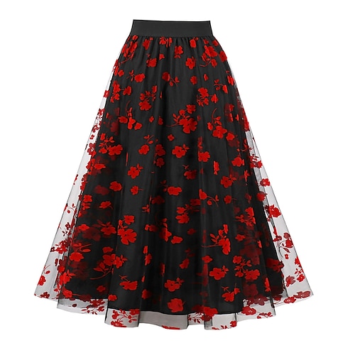 

Women's Skirt A Line Swing Midi Tulle Black Red Purple Orange Floral Pattern Skirts Fall Winter Print Fashion Elegant Street Vacation S M L