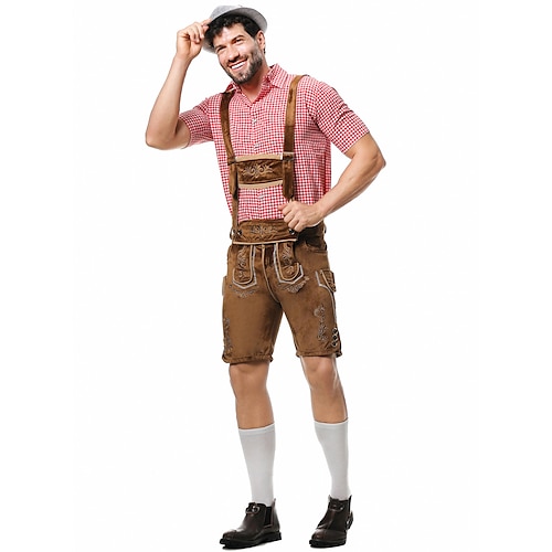  Μπύρα Oktoberfest Στολές Lederhosen Πουκάμισο βαυάρος βαυάρος Γερμανικά Λιβάδια Ανδρικά Πανί παραδοσιακού στυλ Μπλούζα Κοντά Παντελονάκια Καπέλο