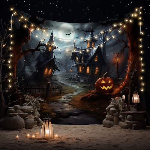  Halloween Decorations Wall Art Large Tapestry Mural Photo Background Blanket Curtains Bedroom Living Room Decoration Horror Pumpkin Monster Graveyard Haunted House