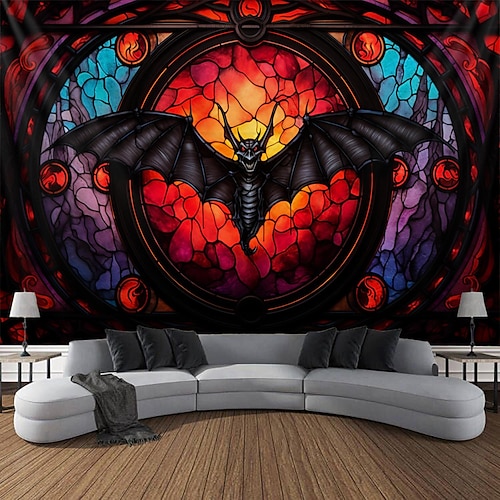 

Tapiz colgante de murciélago de vidrieras de Halloween, arte de pared, tapiz grande, decoración mural, fotografía, telón de fondo, manta, cortina, hogar, dormitorio, sala de estar, decoración,