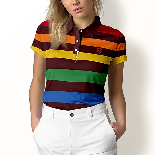 

Damen poloshirt Golfhemd Geknöpftes Poloshirt Atmungsaktiv Schnelltrocknend Feuchtigkeitsableitung Kurzarm Golfbekleidung Golfkleidung Regular Fit Streifen Sommer Tennis Golfspiel Pickleball