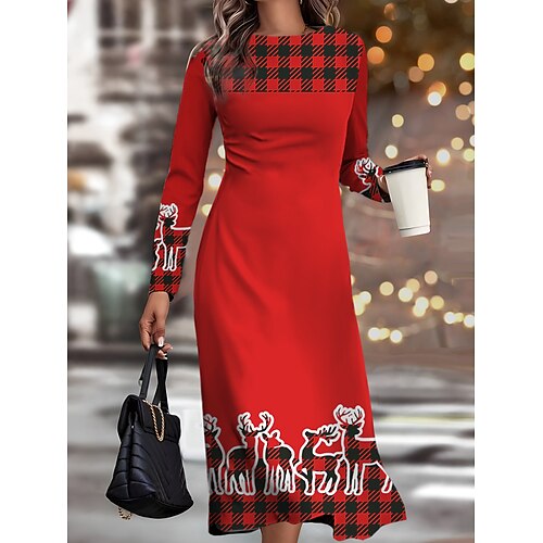 

Women's Christmas Work Dress Casual Dress Semi Formal Dress Fashion Winter Dress Daily Midi Dress Print Crew Neck Long Sleeve Plaid Snowflake Slim Wine Brown Green Fall Winter S M L XL XXL