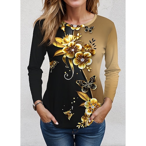 

Femme T shirt Tee Jaune Violet Vert Floral Imprimer manche longue Vacances Fin de semaine Mode Col Rond Standard Fleur Peinture Printemps Automne