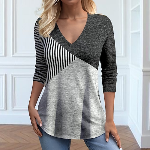 

Women's T shirt Tee Gray Color Block Striped Print Long Sleeve Daily Weekend Fashion V Neck Regular Fit Painting Spring Fall