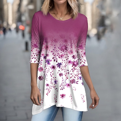 

Femme T shirt Tee Rose Claire Bleu Violet Floral Tunique fluide Imprimer manche longue Vacances Fin de semaine basique Col Rond Standard Fleur Peinture Printemps Automne