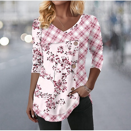 

Femme T shirt Tee Rose Claire Bleu Violet Floral Plaid Bouton Imprimer manche longue Vacances Fin de semaine Mode Col V Standard Fleur Peinture Printemps Automne