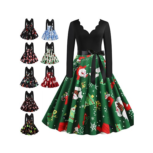 

Damen Weihnachten Retro 1950er Vintage Kleid Midikleid Party geraffte Schleife Obst V-Ausschnitt Langarm Regular Fit Herbst Winter 2023 tiefgrün schwarz S M L XL