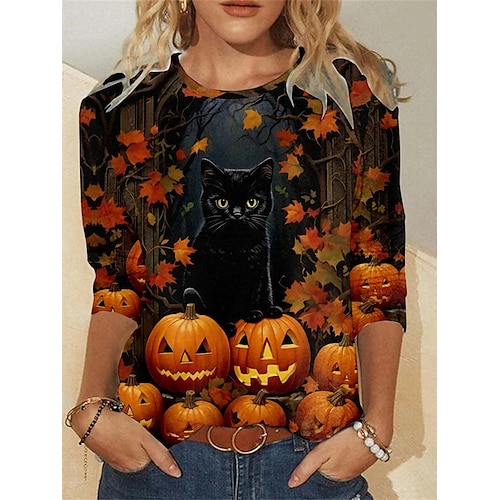 

Mujer Camiseta camisa de halloween Naranja Gato Calabaza Estampado Manga Larga Víspera de Todos los Santos Fin de semana Festival / Vacaciones Escote Redondo Ajuste regular Gato Pintura Primavera