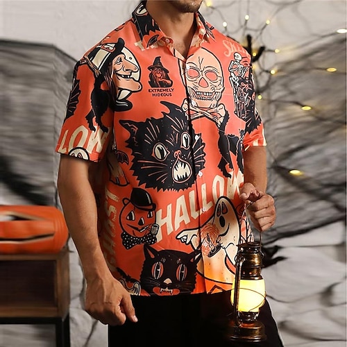 

Hombre Camisa camisa hawaiana Calabaza Fantasma Cuello Vuelto Naranja Exterior Víspera de Todos los Santos Mangas cortas Estampado Ropa Moda Design Casual Suave