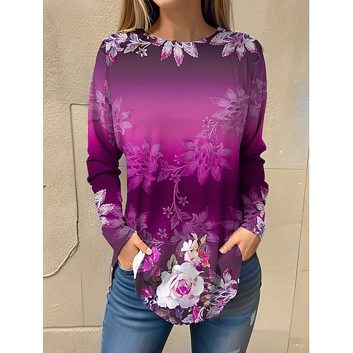 

Women's T shirt Tee Purple Orange Floral Print Long Sleeve Holiday Weekend Fashion Round Neck Regular Fit Floral Painting Spring Fall