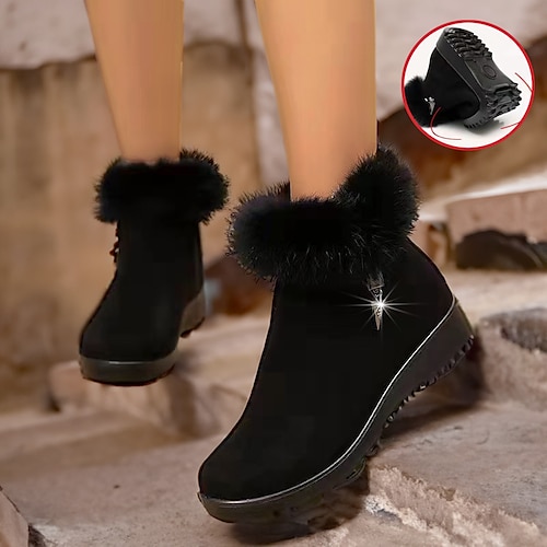 

Femme Bottes Chaussures en daim Bottes de neige Grandes Tailles Extérieur du quotidien Doublé en Polaire Strass Talon Plat Bout rond Mode Elégant Minimalisme Faux suède Fermeture Couleur unie Noir