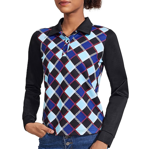 

Damen poloshirt Golfhemd Geknöpftes Poloshirt Atmungsaktiv Schnelltrocknend Feuchtigkeitsableitung Langarm Golfbekleidung Golfkleidung Regular Fit Geometrie Frühling Herbst Tennis Golfspiel Pickleball