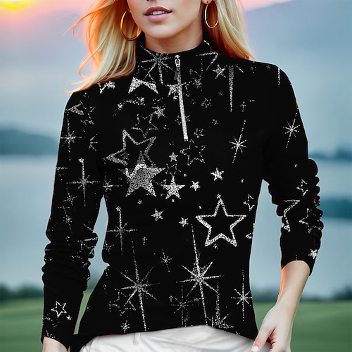 

Damen poloshirt Golfhemd Atmungsaktiv Schnelltrocknend Feuchtigkeitsableitung Langarm Golfbekleidung Golfkleidung Regular Fit Zip Stehkragen Stern Frühling Herbst Tennis Golfspiel Pickleball