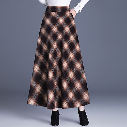 

Women's A Line Plaid Skirt Midi Polyester Twilled Satin Red Khaki Skirts Fall Winter Pocket Long Lined Elegant Long Daily Winter M L XL