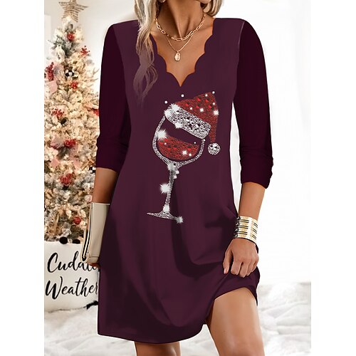 

Damen-Weihnachtsarbeitskleid, Freizeitkleid, modisches Winterkleid, tägliches Minikleid, bedruckt, V-Ausschnitt, langärmlig, Hut, normale Passform, Marineblau, Fuchsia, Grün, Herbst Winter, S, M, L,