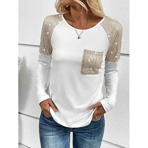 

Femme T shirt Tee Blanche Plein Scintillant Paillettes Poche manche longue du quotidien Fin de semaine Mode Col Rond Standard Printemps Automne