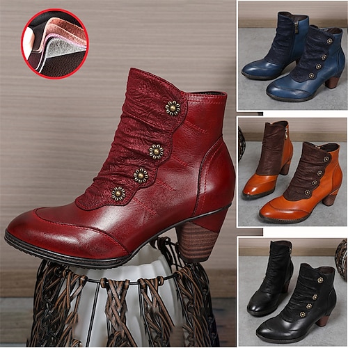 

Mujer Botas Tallas Grandes Zapatos hechos a mano Diario Botines Botines Invierno Hebilla Cremallera Tacón de gatito Dedo Puntiagudo Vintage Casual Confort Cuero Cremallera Floral Bordado Vino Negro