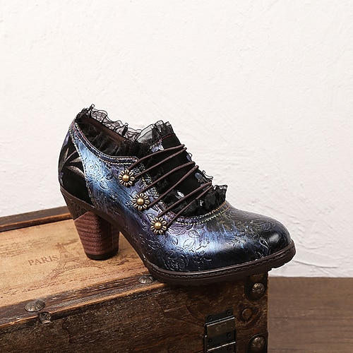 

Femme Chaussures à Talons Grandes Tailles Chaussures faites à la main du quotidien Fermeture Fleur Talon Plat Bout pointu Rétro Vintage Décontractées Confort Cuir Fermeture Floral Broderie Vin Bleu