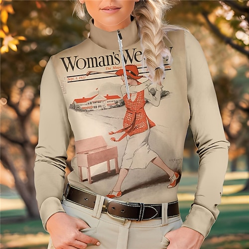 

Mulheres Camisa polo de caminhada Camisa de golfe Respirável Secagem Rápida Pavio Humido Manga Longa Vestuário de golfe Roupas de golfe Normal Zíper Colarinho Alto Letra Engraçado Estampado Primavera