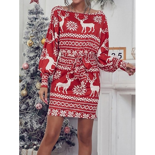 

Tenue décontractée Robe de Noël Robe Fourreau Femme marinière Motif de flocon de neige Lacet Imprimer Col Ras du Cou Mode Moderne Noël du quotidien manche longue Standard Rouge Automne Hiver S M L