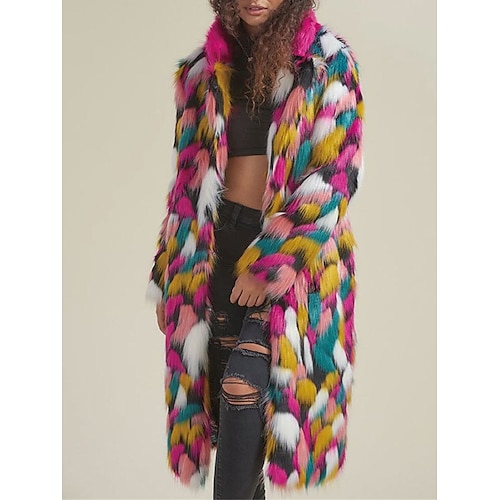 

Women's Faux Fur Coat Christmas Street Daily Wear Fall Winter Long Coat Regular Fit Warm Breathable Comtemporary Stylish Street Style Jacket Long Sleeve Rainbow Faux Fur Trim Rainbow