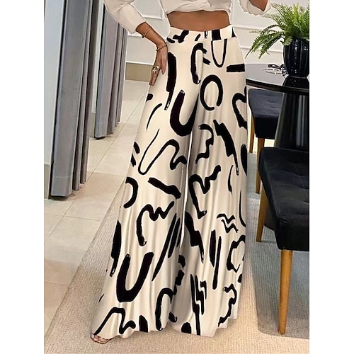 

Women's Wide Leg Pants Trousers Geometric Letter High Waist Full Length Apricot Fall