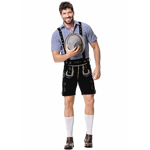  Μπύρα Oktoberfest Στολές Lederhosen Πουκάμισο βαυάρος βαυάρος Γερμανικά Λιβάδια Ανδρικά Πανί παραδοσιακού στυλ Μπλούζα Κοντά Παντελονάκια Καπέλο
