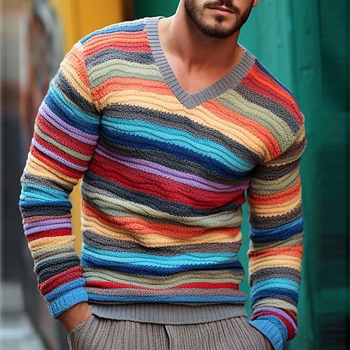 

Stripe Geometry Gradient Ramp Casual Men's Knitting Print Pullover Sweater Jumper Knitwear Outdoor Daily Vacation Long Sleeve V Neck Sweaters Yellow Blue Purple Fall Winter S M L Sweaters