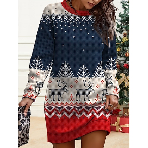 

Women's Christmas Casual Dress Sweatshirt Dress Mini Dress Warm Fashion Outdoor Vacation Crew Neck Print Geometric Santa Claus Deer Loose Fit Burgundy Navy Blue Blue S M L XL XXL