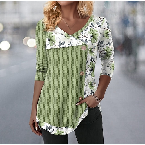 

Femme T shirt Tee Rose Claire Bleu Violet Floral Bouton Imprimer manche longue Vacances Fin de semaine Mode Col V Standard Fleur Peinture Printemps Automne