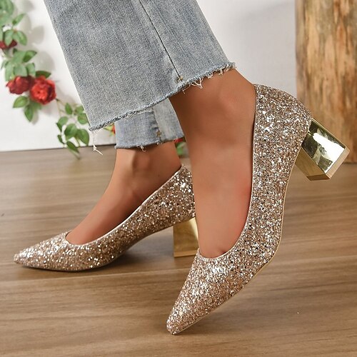 

Mujer Tacones Zapatos de incremento de altura Boda Fiesta Diario Cristal Purpurina Lentejuela Talón de bloque Dedo Puntiagudo Moda Lujoso Elegante Purpurina Mocasín Color sólido Dorado