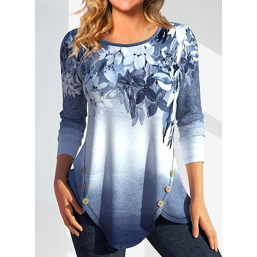 

Women's T shirt Tee Blue Floral Button Print Long Sleeve Holiday Weekend Basic Round Neck Regular Fit Floral Painting Spring Fall