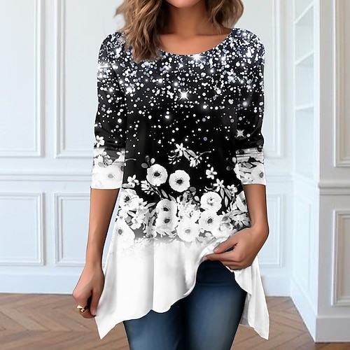 

Women's T shirt Tee Black Floral Flowing tunic Print Long Sleeve Holiday Weekend Fashion Round Neck Regular Fit Floral Painting Spring Fall