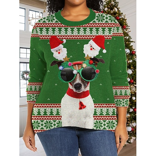 

suéter feminino feio de natal plus size pulôver suéter jumper malha com nervuras estampa regular animal gola redonda elegante casual ao ar livre natal outono inverno verde exército verde xl 2xl 3xl