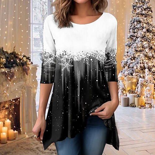 

Mujer Camiseta Camisa de Navidad Negro Vino Azul Piscina Copo Túnica fluida Estampado Manga Larga Navidad Fin de semana Moda Navidad Escote Redondo Ajuste regular Pintura Primavera Otoño