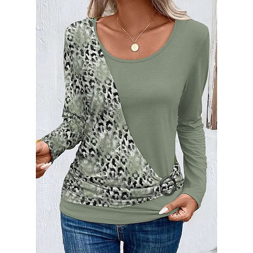 

Mulheres Camiseta Verde Leopardo Imprimir Manga Longa Diário Final de semana Moda Decote Redondo Normal Pintura Primavera Outono