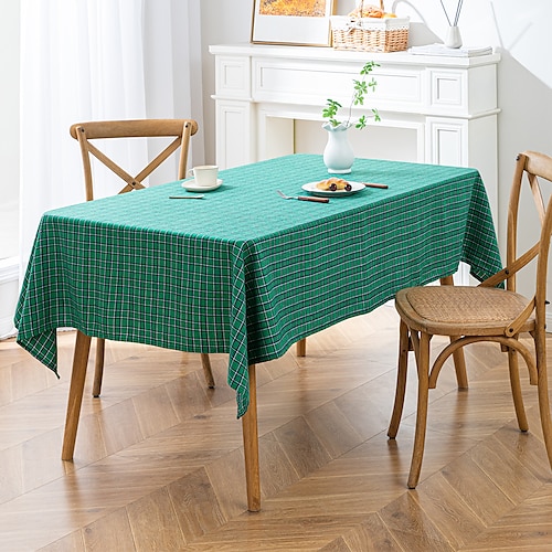 

Christmas Rectangle Tablecloth, Green Plaid Table Cover, Polyester Wrinkle Resistant Durable Tablecloth for Party, Holiday, Kitchen